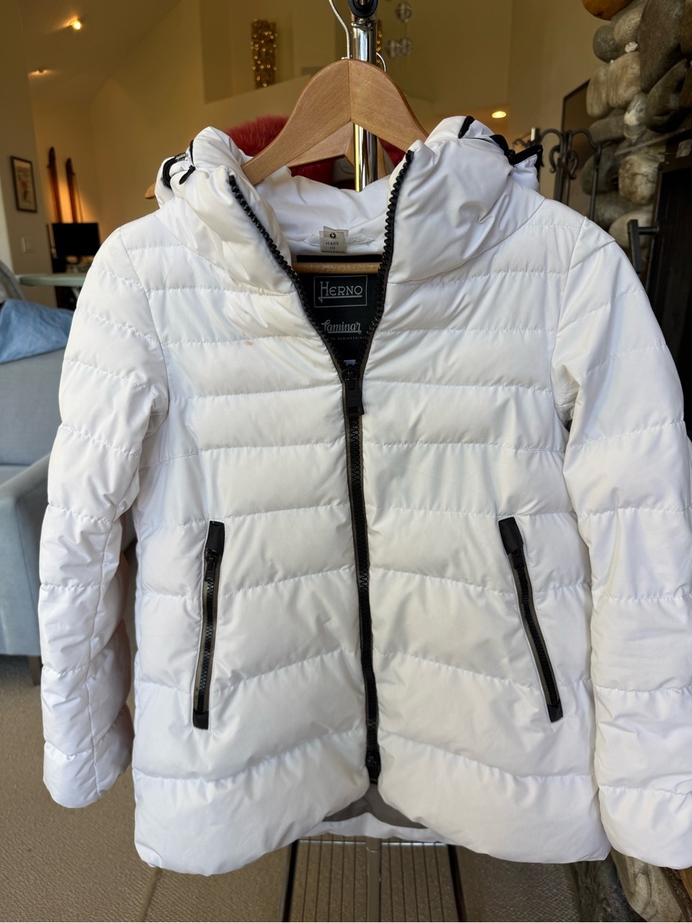 Herno White Quilted Hooded Puffer with Black Trim